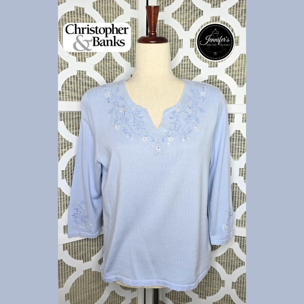 Christopher & Banks Light Blue Embroidered and Beaded 3/4 Sleeve Sweater Size S